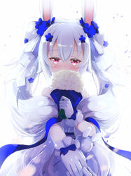  animal_ears azur_lane bare_shoulders blue_bow blue_flower blue_ribbon blush bouquet bow commentary_request covered_mouth dress female flower gloves hair_between_eyes hair_flower hair_ornament hair_ribbon holding holding_bouquet holding_hands laffey_(azur_lane) laffey_(white_rabbit&#039;s_oath)_(azur_lane) long_hair looking_at_viewer nitchi official_alternate_costume out_of_frame pink_eyes pov pov_hands rabbit_ears ribbon sash simple_background solo_focus twintails very_long_hair wedding_dress white_background white_dress white_flower white_gloves white_hair white_ribbon 