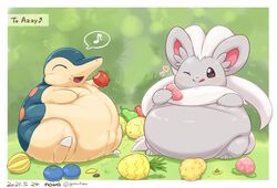  2021 ambiguous_gender aspear_berry berry chilan_berry cinccino closed_eyes crumbs cyndaquil dated duo eating feral food fruit generation_2_pokemon generation_5_pokemon happy heart_symbol morbidly_obese morbidly_obese_feral musical_note nawa nintendo obese obese_feral occa_berry one_eye_closed open_mouth oran_berry outside overweight overweight_feral pecha_berry pinap_berry plant pokemon pokemon_(species) pokemon_berry sitrus_berry sitting tamato_berry tongue tongue_out weight_gain wepear_berry 