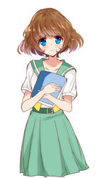  aozora_middle_school_uniform belt blue_eyes blush book brown_hair closed_mouth commentary female green_sailor_collar green_skirt haru_(nature_life) highres hugging_object ichinose_minori looking_at_viewer no_eyewear pleated_skirt precure sailor_collar school_uniform serafuku shirt short_hair short_sleeves simple_background skirt smile solo standing tropical-rouge!_precure white_background white_shirt 