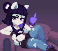  animal_ears belt black_hair black_shirt blush boots bracelet breasts cat_ears collar couch crop_top disembodied_hand dithered_background dithering ear_piercing female furry furry_female hair_bun jewelry middle_finger midriff minimilieu navel on_couch original pantyhose piercing pixel_art purple_eyes shirt short_shorts shorts sitting solo spiked_bracelet spikes stomach tail tank_top torn_clothes torn_pantyhose white_fur 