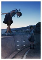  2girls ankle_socks bag bent_over black_eyes black_hair blurry bob_cut city_lights dark depth_of_field dusk english_text highres hill island kneehighs light_particles looking_at_viewer looking_back multiple_girls ocean original outdoors pleated_skirt ponytail reflection road scenery school_bag school_uniform serafuku shoes short_hair short_ponytail skirt sky smile sneakers socks street walking walking_on_railing water yakikoke 