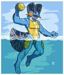  2019 3_toes 4_fingers absurd_res anthro athletic athletic_anthro athletic_female barefoot bikini border breasts clothing feet female fingers fist generation_3_pokemon hi_res megawolf77 navel nintendo one-piece_swimsuit open_mouth partially_submerged plantigrade pokemon pokemon_(species) solo sports_bikini sports_leotard swampert swimwear toes water wet white_border yellow_clothing 