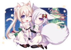  2girls aika_(konshin) animal_ear_fluff animal_ears artist_name blue_eyes blurry blurry_background bow breasts bridal_gauntlets capelet cat_ears cat_tail chibi christmas christmas_tree cleavage commentary_request dated fox_ears fox_tail fur_trim hair_over_one_eye hairbow holding_hands kitsune kneeling konshin long_sleeves looking_at_viewer medium_breasts merry_christmas multiple_girls one_eye_closed open_mouth original pantyhose puffy_long_sleeves puffy_sleeves purple_eyes short_hair_with_long_locks tail 