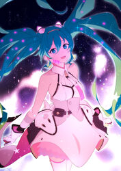  :d bare_shoulders blue_eyes blue_hair blush breasts collarbone collared_dress commentary detached_sleeves dress female floating_hair galaxy_live_(vocaloid) gloves green_hair hair_between_eyes hairband hatsune_miku highres long_hair looking_at_viewer medium_breasts multicolored_hair open_mouth pink_hairband pleated_dress sleeveless sleeveless_dress smile sohin solo star_(symbol) striped_sleeves two-tone_hair very_long_hair vocaloid white_dress white_gloves 