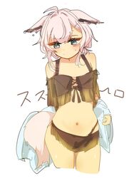  ahoge animal_ears arknights bare_shoulders bikini black_bikini blue_eyes blush character_name cowboy_shot cropped_legs ears_down female flat_chest fox_ears fox_girl fox_tail navel official_alternate_costume pink_hair short_hair simple_background solo sussurro_(arknights) sussurro_(summer_flower)_(arknights) sweatdrop swimsuit tail ub_orca white_background 