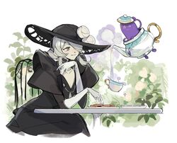  black_choker black_dress black_headwear breasts chair choker cleavage closed_mouth cogita_(pokemon) cup dress elbow_gloves female flower gloves grey_eyes grey_hair hand_up hat hat_flower highres olopheris plate pokemon pokemon_(creature) pokemon_legends:_arceus polteageist pouring sitting smile sparkle table teacup white_flower white_gloves 