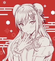  bang_dream! bare_shoulders blush braid bun_cover closed_mouth commentary double_bun dress egasumi female flower hair_between_eyes hair_bun hair_flower hair_ornament hand_up highres imai_lisa long_hair looking_at_viewer monochrome red_background rose sleeveless sleeveless_dress smile solo tiny_(tini3030) upper_body very_long_hair wrist_cuffs 