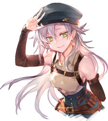  achan_(blue_semi) arm_behind_back arm_warmers bandolier belt beret blue_skirt breasts brown_belt brown_shirt closed_mouth collared_shirt commentary cropped_torso eiyuu_densetsu female fie_claussell green_eyes green_hat grey_hair hair_between_eyes hat kuro_no_kiseki lips long_hair looking_at_viewer medium_breasts salute shirt shirt_tucked_in simple_background skirt sleeveless sleeveless_shirt smile solo strap symbol-only_commentary two-finger_salute upper_body white_background 