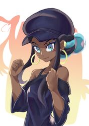  absurdres bad_id bad_twitter_id black_hair black_hat blue_eyeshadow clenched_hands closed_mouth collarbone commentary_request curtained_hair dark-skinned_female dark_skin ear_piercing earrings eyelashes eyeshadow female hair_bun hands_up hat highres hoop_earrings jewelry makeup multicolored_hair nessa_(pokemon) piercing pokemon pokemon:_twilight_wings sidelocks single_hair_bun smile solo two-tone_hair yuro_(mangasukinoyuro) 