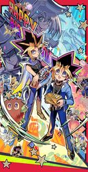  :d bakura_ryou black_hair blonde_hair blue_jacket blue_pants bright_pupils buster_blader celtic_guardian chimera_the_flying_mythical_beast commentary_request dark_magician dark_magician_girl dated duel_disk duel_monster dyed_bangs gaia_the_dragon_champion hair_between_eyes happy_birthday highres holding honda_hiroto jack&#039;s_knight jacket jonouchi_katsuya kaiba_seto king&#039;s_knight_(yu-gi-oh!) kuriboh long_sleeves looking_at_viewer looking_up marshmallon mazaki_anzu muto_yugi open_clothes open_jacket open_mouth osiris_the_sky_dragon otogi_ryuuji pants purple_eyes purple_hair queen&#039;s_knight school_uniform shi_(shooo_ttt) shirt shoes silent_magician smile sparkle standing star_(symbol) tongue valkyrion_the_magna_warrior watapon white_pupils yami_yugi yu-gi-oh! yu-gi-oh!_duel_monsters 