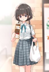  bag black_hair blue_eyes blush carton coffee_milk commentary drinking_straw female highres holding looking_at_viewer matsuda_hikari medium_hair milk_carton original plastic_bag school_uniform solo twintails 