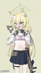  animal_ears artist_name black_choker blonde_hair blue_archive blue_skirt bra breasts choker clothes_lift commentary doombreak female fox_ears fox_girl gloves green_background green_eyes green_gloves green_halo gun hair_between_eyes halo highres holster kurumi_(blue_archive) lifting_own_clothes long_hair long_sleeves looking_at_viewer microphone miniskirt navel oerba_yun_fang open_mouth pink_bra puffy_long_sleeves puffy_sleeves school_uniform shirt shirt_lift simple_background skirt small_breasts solo stomach sweat thigh_holster twitter_username underwear weapon white_shirt 