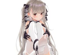  anthro azur_lane blush bow breasts close cropped formidable_(azur_lane) goth-loli gray_hair lolita_fashion long_hair mokew red_eyes thighhighs twintails white 