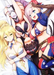  3girls ahoge american_flag american_flag_bikini american_flag_print animal_ears artoria_pendragon_(fate) artoria_pendragon_(swimsuit_ruler)_(fate) asymmetrical_hair bare_shoulders belt bikini blonde_hair blue_eyes blue_jacket blue_necktie blue_pantyhose blue_thighhighs blunt_bangs blush braid breasts breasts_squeezed_together brown_gloves brown_hair bun_cover cleavage closed_mouth clothing_cutout collarbone commentary_request criss-cross_halter detached_collar elbow_gloves fate/grand_order fate_(series) fingerless_gloves fishnet_pantyhose fishnets flag_print french_braid gloves green_eyes hair_between_eyes hair_bun halterneck highleg highleg_leotard jacket kurikara large_breasts leotard long_hair looking_at_viewer lying miyamoto_musashi_(fate) miyamoto_musashi_(swimsuit_berserker)_(fate) miyamoto_musashi_(swimsuit_berserker)_(second_ascension)_(fate) multiple_girls navel_cutout necktie on_back on_side open_mouth osakabehime_(fate) osakabehime_(swimsuit_archer)_(fate) osakabehime_(swimsuit_archer)_(third_ascension)_(fate) pantyhose pink_hair playboy_bunny ponytail print_bikini purple_bikini purple_hair rabbit_ears shiny_pantyhose shrug_(clothing) sidelocks single_hair_bun single_side_bun single_thighhigh smile swept_bangs swimsuit thighhighs tiara white_legwear white_leotard wrist_cuffs 