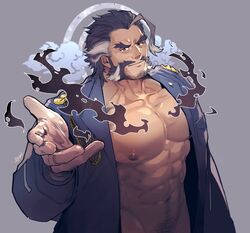  1boy abs ahoge bara bare_pectorals blue_hair daikoku_(housamo) dark_blue_hair facial_hair forked_eyebrows halo halo_behind_head jacket large_pectorals male_focus moustache multicolored_hair muscular muscular_male mutton_chops navel navel_hair nipples open_clothes open_jacket orange_eyes pectorals rybiok short_hair sideburns solo thick_eyebrows tokyo_afterschool_summoners two-tone_hair white_hair 