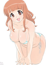  :d artist_name bad_id bad_twitter_id bikini blue_bikini blunt_bangs breasts cleavage commentary cropped_legs curvy female girls_und_panzer inactive_account large_breasts leaning_forward long_hair looking_at_viewer mizu_kane open_mouth orange_eyes orange_hair side-tie_bikini_bottom signature simple_background skindentation smile solo standing striped_bikini striped_clothes sweat swimsuit takebe_saori v_arms white_background 