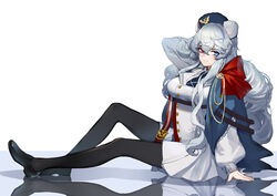  absurdres animal_ears arknights bear_ears black_pantyhose blue_eyes chinese_commentary commentary dress female hand_in_own_hair hat heterochromia highres long_hair pantyhose photoshop_(medium) red_eyes reflective_floor rosa_(arknights) sitting smile solo tuziki_sang white_background white_hair 