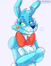  animatronic anthro blue_hair bow_tie buckteeth cheek_tuft crossed_arms facial_tuft femboy five_nights_at_freddy&#039;s five_nights_at_freddy&#039;s_2 green_eyes hair head_tuft lagomorph leporid long_ears machine male mammal rabbit red_cheeks robot scottgames simple_background solo teeth toy-bonnie toy_bonnie_(fnaf) tuft white_background 