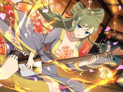  andon_(lighting) architecture blue_eyes blush breast_tattoo breasts choker cleavage collarbone east_asian_architecture female fire floral_print floral_print_kimono fuga_(senran_kagura) fusuma green_hair hair_ornament headdress holding holding_instrument holster instrument japanese_clothes jar jewelry kimono kunai lantern large_breasts long_hair looking_at_viewer mole mole_under_eye music obi official_art open_door open_mouth paper_lantern playing_instrument sash senran_kagura senran_kagura_new_link senran_kagura_new_wave shamisen shiny_skin sliding_doors smile solo tatami tattoo thigh_holster third-party_source vase weapon yaegashi_nan 