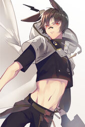  1boy animal_ears arknights ayerscarpe_(arknights) bandaid bandaid_on_face bandaid_on_nose black_gloves black_pants black_shirt brown_hair commentary_request cowboy_shot crop_top dry-er gloves groin hair_between_eyes highres hood hood_down hooded_jacket jacket looking_at_viewer male_focus midriff navel orange_eyes pants parted_lips rabbit_boy rabbit_ears see-through see-through_jacket shirt short_hair short_sleeves sidelocks simple_background solo standing white_background 