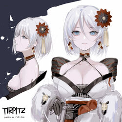  azur_lane black_gloves blue_eyes breasts cane cape cleavage cross earrings female flower from_side fur-trimmed_cape fur_trim gloves hair_flower hair_ornament highres holding holding_cane iron_cross japanese_clothes jewelry kimono large_breasts looking_afar looking_at_viewer multiple_views off_shoulder official_alternate_costume petals profile rae_(632230212) tirpitz_(azur_lane) tirpitz_(seasonal_pine_and_the_frost_flower)_(azur_lane) white_cane white_hair 