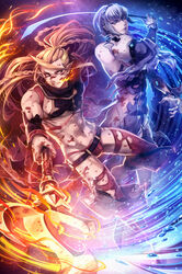  2boys absurdres belt blonde_hair blood blood_on_clothes braid bulge capelet fairy_ranmaru:anata_no_kokoro_otasuke_shimasu fighting_stance fire grey_hair highres holding holding_weapon hoterase_homura ikenie18 long_hair male_focus multiple_boys navel pointy_ears seiren_uruu short_hair torn_clothes very_long_hair water_drop weapon yellow_eyes 