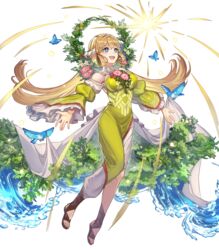  animal bird blonde_hair blue_eyes breasts bug butterfly dress female fire_emblem fire_emblem_heroes flower full_body green_dress hair_ornament highres long_hair medium_breasts nijihayashi non-web_source official_art open_mouth outstretched_arms petals puffy_sleeves smile spread_arms teeth toeless_footwear toes transparent_background turtleneck water water_drop wide_sleeves ymir_(fire_emblem_heroes) 