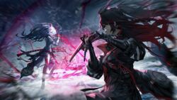  2girls absurdres alpha_(punishing:_gray_raven) alternate_form asymmetrical_legwear black_hair black_jacket black_skirt commentary electricity english_commentary headgear highres holding holding_sword holding_weapon jacket katana lightning long_hair lucia:_crimson_weave_(punishing:_gray_raven) lucia:_plume_(punishing:_gray_raven) lucia_(punishing:_gray_raven) mechanical_arms multicolored_hair multiple_girls official_alternate_costume pleated_skirt ponytail punishing:_gray_raven red_hair skirt sword twintails weapon white_hair white_jacket yanderenasa 