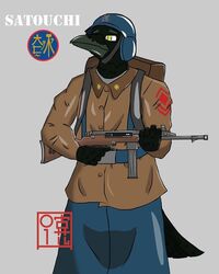  2019 4:5 alvidz anthro armor avian backpack beak bird black_body black_feathers bottomwear brown_clothing brown_coat brown_jacket brown_topwear clothed clothing coat corvid corvus_(genus) digital_media_(artwork) feathers fully_clothed furgonomics grey_background gun headgear helmet holding_gun holding_object holding_ranged_weapon holding_weapon jacket male military oscine passerine portrait ranged_weapon raven simple_background skirt smile soldier solo tail tail_through_skirt topwear warrior weapon yellow_eyes 