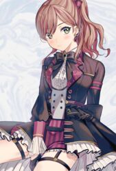  bang_dream! black_gloves black_jacket blush bow brown_hair center_frills closed_mouth commentary_request earrings female frilled_jacket frilled_skirt frills gloves green_eyes grey_vest hairbow half_gloves highres imai_lisa jacket jewelry long_hair long_sleeves looking_at_viewer open_clothes open_jacket ponytail red_bow see-through shirt sitting skirt sleeves_past_wrists solo striped_bow striped_clothes striped_skirt tiny_(tini3030) vertical-striped_clothes vertical-striped_skirt vest white_shirt 