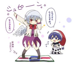  +++ 2girls :3 barefoot blue_eyes blue_hair blush bow bowtie braid clapping commentary dance_dance_revolution dancing doremy_sweet dress french_braid grey_hair hat highres jacket kishin_sagume kneeling koi_wa_thrill_shock_suspense meitantei_conan multiple_girls nightcap polka_dot polka_dot_background pom_pom_(clothes) pose red_eyes simple_background single_wing socks sparkle thats_not_it totoharu_(kujirai_minato) touhou translated white_background wings 