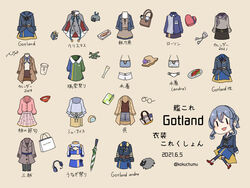  aircraft animal bag bikini blue_hair blue_sailor_collar brown_background character_name chibi closed_umbrella coat dated female glasses gotland_(kancolle) hair_bun hat headphones headset jacket kamoku_nagi kantai_collection lawson long_sleeves mole mole_under_eye open_mouth rudder_footwear sailor_collar scarf sheep shirt shopping_bag sidelocks simple_background single_hair_bun skirt solo swimsuit twitter_username umbrella uniform 