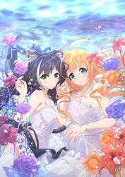  2girls ahoge air_bubble alternate_costume animal_ear_fluff animal_ears bare_shoulders black_hair blue_eyes blush breasts bubble cat_ears cat_girl cat_tail cleavage closed_mouth dress flower green_eyes hibiscus highres holding_hands interlocked_fingers karyl_(princess_connect!) large_breasts long_hair looking_at_viewer looking_to_the_side midorinocha multicolored_hair multiple_girls orange_hair pecorine_(princess_connect!) princess_connect! sidelocks sleeveless sleeveless_dress small_breasts smile streaked_hair tail underwater upper_body white_dress 