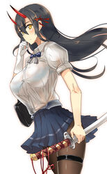  azur_lane bag black_hair black_pantyhose blue_bra blue_skirt bra bra_visible_through_clothes breasts commentary_request female gloves hair_ornament handbag holding holding_sword holding_weapon horns ishizu_kayu katana large_breasts long_hair oni_horns pantyhose pleated_skirt red_horns see-through see-through_shirt shirt short_sleeves single_glove skirt solo suzuya_(azur_lane) sword tented_shirt thigh_strap underwear weapon white_background white_gloves white_shirt yellow_eyes 