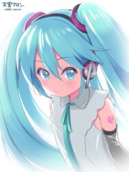  amamiya_marron aqua_eyes aqua_hair aqua_ribbon backlighting black_sleeves blush closed_mouth colored_skin commentary detached_sleeves female hair_between_eyes hair_ornament hatsune_miku hatsune_miku_(nt) headphones long_hair looking_at_viewer looking_up neck_ribbon number_tattoo piapro pink_skin ribbon shirt shoulder_tattoo simple_background sleeveless sleeveless_shirt smile solo standing tattoo twintails twitter_username upper_body very_long_hair vocaloid white_background white_shirt 