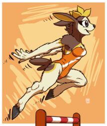  2019 4_fingers absurd_res anthro anthrofied athletic athletic_anthro athletic_female border breasts brown_body brown_fur clothed clothing deer deerling female fingers fur generation_5_pokemon hi_res hooves jumping leotard mammal megawolf77 multicolored_body multicolored_clothing nintendo open_mouth open_smile orange_clothing orange_leotard pokemon pokemon_(species) pokemorph side_view smile solo sports_leotard tongue two_tone_clothing white_border white_clothing winter_deerling 