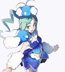  :d aqua_eyes arm_warmers bird blush buttons collarbone earrings eyelashes feathers female fluffy green_hair happy highres jewelry lisia_(pokemon) long_hair navel olopheris on_head on_shoulder open_mouth overskirt pokemon pokemon_(creature) pokemon_on_head pokemon_on_shoulder pokemon_oras shorts shorts_under_skirt simple_background smile swablu twitter_username white_background 