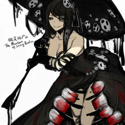  bare_shoulders belt black_belt black_dress black_hair black_sclera breasts closed_eyes closed_mouth collarbone colored_sclera dress extra_teeth fascinator female holding holding_umbrella large_breasts lobotomy_corporation long_hair looking_at_viewer mountain_of_smiling_bodies nishikujic personification project_moon simple_background smile solo strapless strapless_dress umbrella very_long_hair white_background white_eyes 