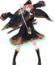  beret cape collaboration earrings feather_earrings feathers female gradient_hair hat holding holding_sword holding_weapon hololive hololive_english jacket jacket_on_shoulders jacket_over_shoulder japanese_clothes jewelry jhc_kai katana long_hair long_sleeves looking_at_viewer military military_uniform multicolored_hair naval_uniform orange_hair scabbard sheath solo sword takanashi_kiara uniform unsheathed unsheathing unworn_jacket virtual_youtuber weapon 