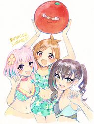  #unicus_(idolmaster) 3girls ahoge antenna_hair ball beachball blue_hair blush breasts brown_hair cleavage colored_inner_hair cropped_legs cropped_torso fingerless_gloves gloves gum_(vivid_garden) highres holding holding_ball holding_beachball idolmaster idolmaster_cinderella_girls large_breasts looking_at_viewer medium_breasts multicolored_hair multiple_girls nail_polish navel oerba_yun_fang pink_hair sharp_teeth simple_background smile sunazuka_akira teeth tsujino_akari twintails two-tone_hair white_background yumemi_riamu 