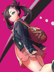  asymmetrical_bangs backpack bag black_footwear black_hair black_jacket black_nails closed_mouth commentary_request dress earrings eyelashes female from_below green_eyes hair_ribbon highres jacket jewelry long_sleeves looking_at_viewer marnie_(pokemon) moyashi_mou2 nail_polish pink_background pink_dress pokemon pokemon_swsh red_bag red_ribbon ribbon sleeves_past_wrists solo 