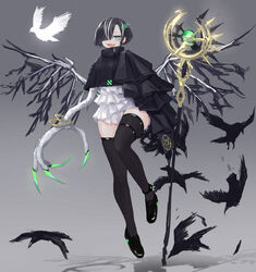  asymmetrical_clothes bad_id bad_pixiv_id bird black_hair black_thighhighs blue_eyes blush claws earrings female from_below grey_background hair_over_one_eye highres jewelry looking_at_viewer mihato_senba monster_girl multicolored_hair oerba_yun_fang open_mouth original short_hair solo standing streaked_hair thighhighs wings 