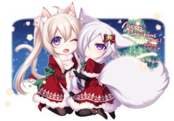  2girls aika_(konshin) animal_ear_fluff animal_ears artist_name blue_eyes blurry blurry_background bow breasts bridal_gauntlets capelet cat_ears cat_tail chibi christmas christmas_tree cleavage commentary_request dated fox_ears fox_tail fur_trim hair_over_one_eye hairbow holding_hands kitsune kneeling konshin long_sleeves looking_at_viewer medium_breasts merry_christmas multiple_girls one_eye_closed open_mouth original pantyhose puffy_long_sleeves puffy_sleeves purple_eyes short_hair_with_long_locks tail 