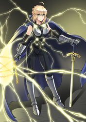  absurdres ahoge armor artoria_pendragon_(fate) bare_shoulders blonde_hair caliburn_(fate) cape chains cosplay crossover elbow_gloves excalibur_(fate/stay_night) fate/stay_night fate_(series) female gauntlets gloves greaves green_eyes hair_bun highres lightning marvel nanni_jjang pants planted planted_sword saber_(fate) single_hair_bun solo sword thor_(marvel) thor_(marvel)_(cosplay) weapon 