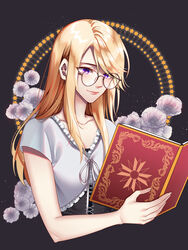  absurdres black_dress blonde_hair blush book bronzesauluoi closed_mouth collarbone commentary dress english_commentary female final_fantasy final_fantasy_xv flower frills glasses hair_between_eyes highres holding holding_book jacket lips long_hair purple_eyes reading ribbon smile solo star_(symbol) stella_nox_fleuret white_flower white_jacket white_ribbon 