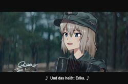  accordion artist_name blue_eyes blurry blurry_background chinese_commentary commentary_request day depth_of_field eighth_note english_commentary female field_cap german_text girls_und_panzer grey_hair grey_hat hat holding holding_instrument instrument itsumi_erika letterboxed looking_to_the_side medium_hair military military_hat military_uniform mixed-language_commentary musical_note nazi open_mouth outdoors persian_lessons qian signature smile solo ss_insignia translated uniform 