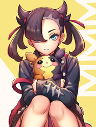  asymmetrical_bangs backpack bag black_jacket closed_mouth commentary_request earrings eyelashes female green_eyes hair_ribbon highres holding holding_pokemon jacket jewelry knees knees_together_feet_apart long_sleeves looking_at_viewer marnie_(pokemon) morpeko morpeko_(full) moyashi_mou2 pokemon pokemon_(creature) pokemon_swsh red_bag red_ribbon ribbon sleeves_past_wrists strap_slip 