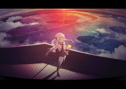  above_clouds black_ribbon black_thighhighs breast_cutout breasts cloud colored_tips commentary crater criss-cross_halter detached_sleeves dress female fisheye foreshortening from_above hair_ribbon halterneck highres holding kieed letterboxed long_hair looking_at_viewer medium_breasts multicolored_hair parted_lips photoshop_(medium) purple_dress purple_hair purple_sleeves quad_tails ribbon scenery shadow smile solo standing star_(symbol) stellated_octahedron sunset thighhighs very_long_hair vocaloid white_hair wide_shot xingchen yellow_eyes 