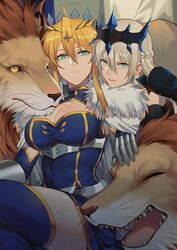  2girls ahoge artoria_pendragon_(fate) artoria_pendragon_(lancer)_(fate) bad_id bad_pixiv_id blonde_hair blue_thighhighs braid breasts cape cleavage commentary_request crown fate/grand_order fate_(series) fur-trimmed_cape fur_trim green_eyes grey_hair hair_between_eyes half_up_braid highres large_breasts lion morgan_le_fay_(fate) multiple_girls siblings sisters sitting sleeveless sleeveless_turtleneck smile thighhighs turtleneck yorukun 