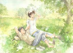  1boy arms_behind_head backpack bag barefoot black_eyes black_hair breasts brown_eyes brown_hair cargo_pants casual commentary crossed_legs dappled_sunlight denim female fence grass hand_on_forehead izumi_noa jeans kidou_keisatsu_patlabor light_rays looking_up lying on_back on_grass one_eye_closed open_mouth outdoors painting_(medium) pants pants_rolled_up sandals shinohara_asuma shirt shoes short_hair sitting sky small_breasts smile sneakers sunlight t-shirt texture tomboy traditional_media tree unworn_shoes ususionorisio watch watercolor_(medium) wristwatch 